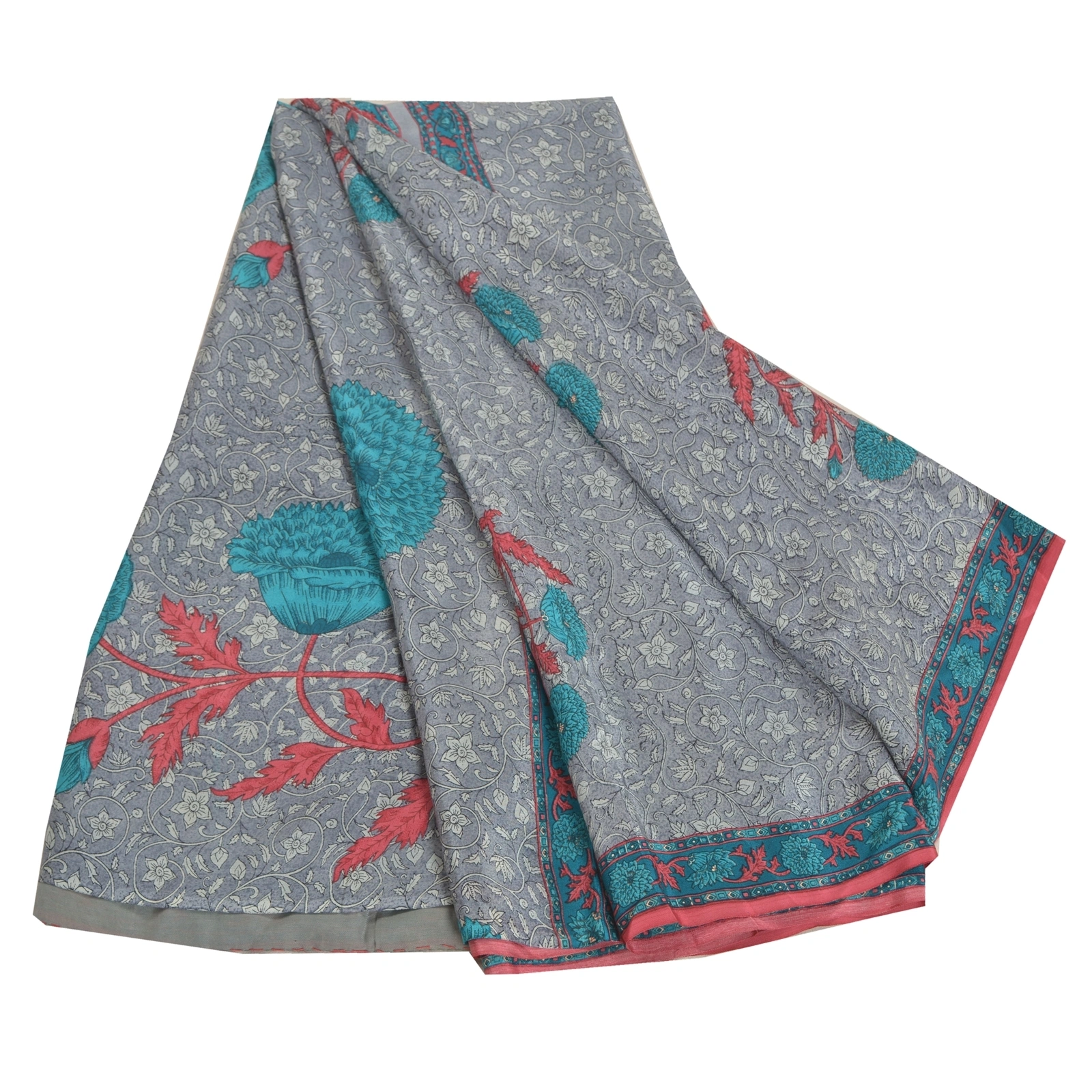 Sanskriti Vintage Grey Sarees Pure Cerpe Silk Printed Sari Craft Indian Fabric, PRC-14668-Grey-Printed Floral-Pure Crepe Silk-7