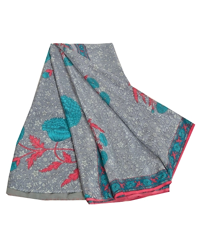 Sanskriti Vintage Grey Sarees Pure Cerpe Silk Printed Sari Craft Indian Fabric, PRC-14668-Grey-Printed Floral-Pure Crepe Silk-7
