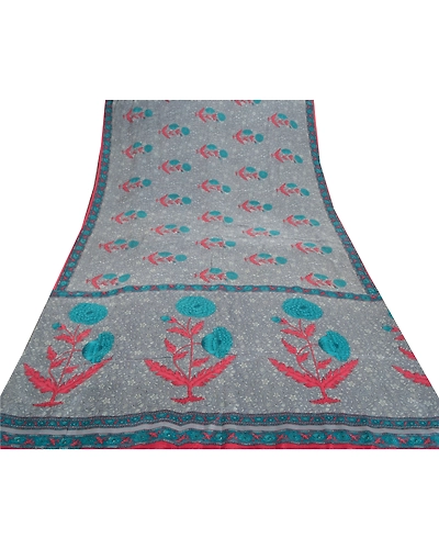 Sanskriti Vintage Grey Sarees Pure Cerpe Silk Printed Sari Craft Indian Fabric, PRC-14668-Grey-Printed Floral-Pure Crepe Silk-8