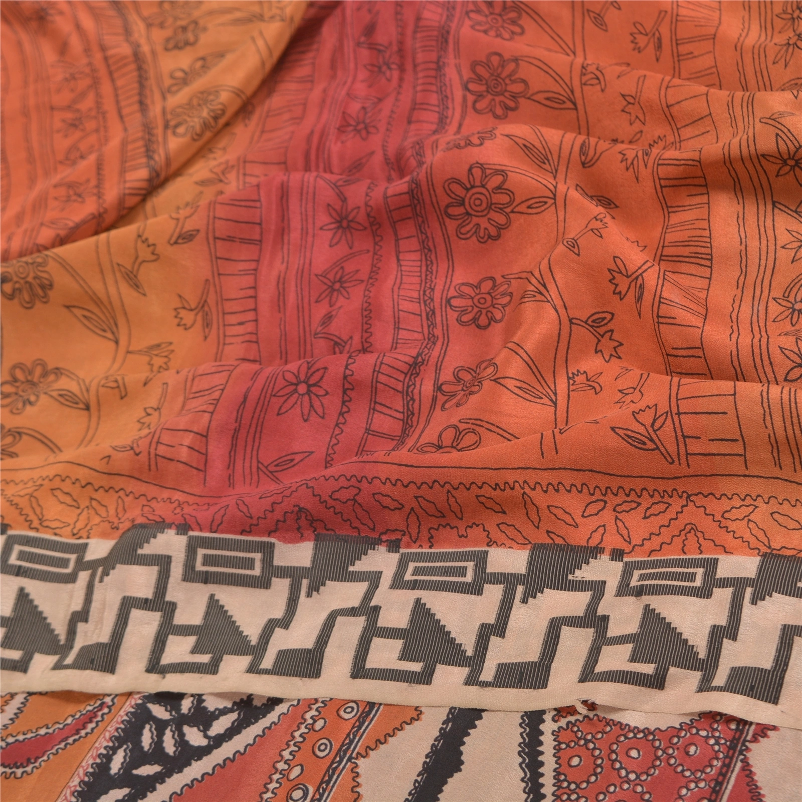 Sanskriti Vintage Indian Sarees Pure Cerpe Silk Printed Sari Craft Sewing Fabric, PRC-14674-Multi Color-Printed Floral-Pure Crepe Silk-6