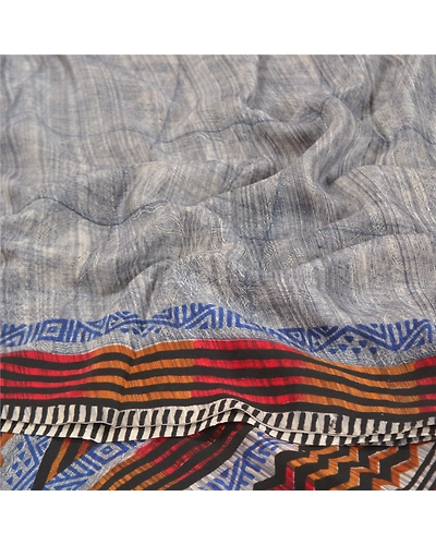 Sanskriti Vintage Gray Sarees 100% Pure Crepe Silk Printed Sari Craft Fabric, PRC-14791-Gray-Printed Floral-Pure Crepe Silk-6