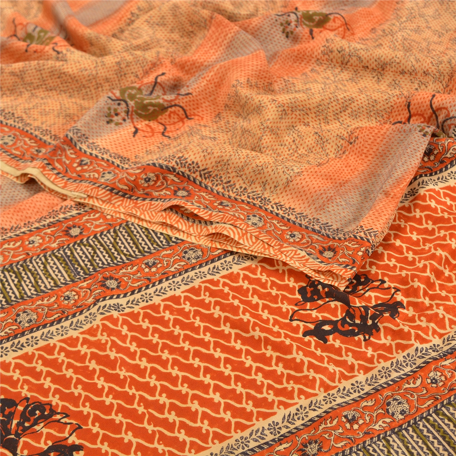 Sanskriti Vintage Brown Indian Sarees Pure Crepe Silk Printed Sari Craft Fabric, PRC-14882 image 1