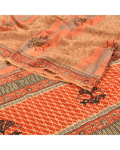Sanskriti Vintage Brown Indian Sarees Pure Crepe Silk Printed Sari Craft Fabric, PRC-14882-Brown-Printed Floral-Pure Crepe Silk-1
