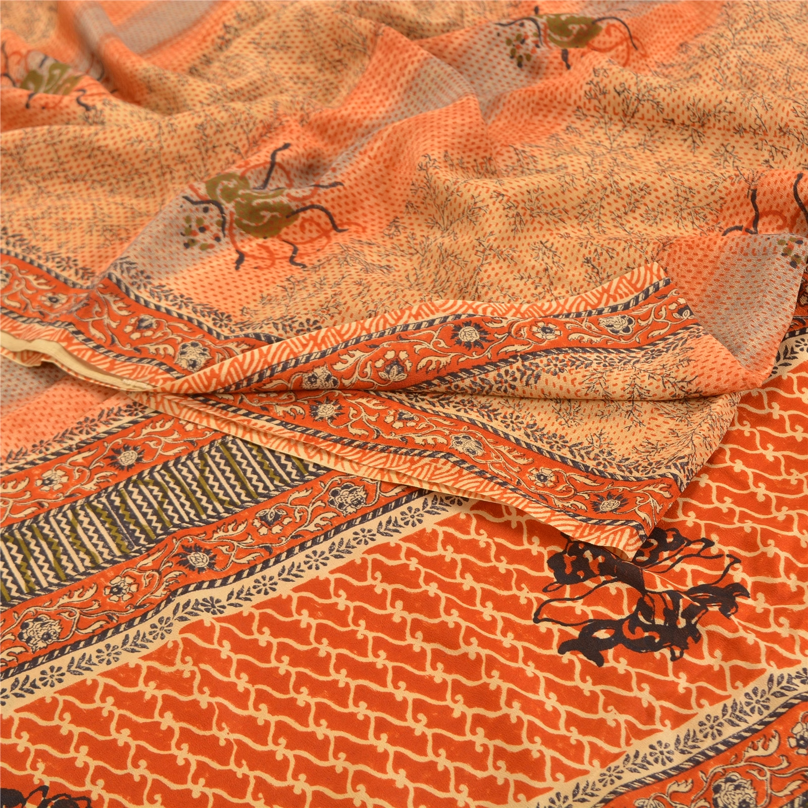 Sanskriti Vintage Brown Indian Sarees Pure Crepe Silk Printed Sari Craft Fabric, PRC-14882 image 2