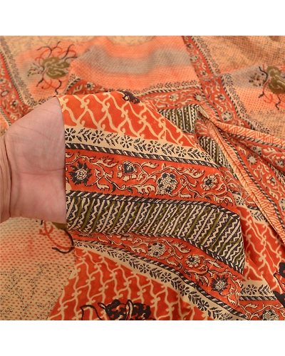 Sanskriti Vintage Brown Indian Sarees Pure Crepe Silk Printed Sari Craft Fabric, PRC-14882-Brown-Printed Floral-Pure Crepe Silk-3