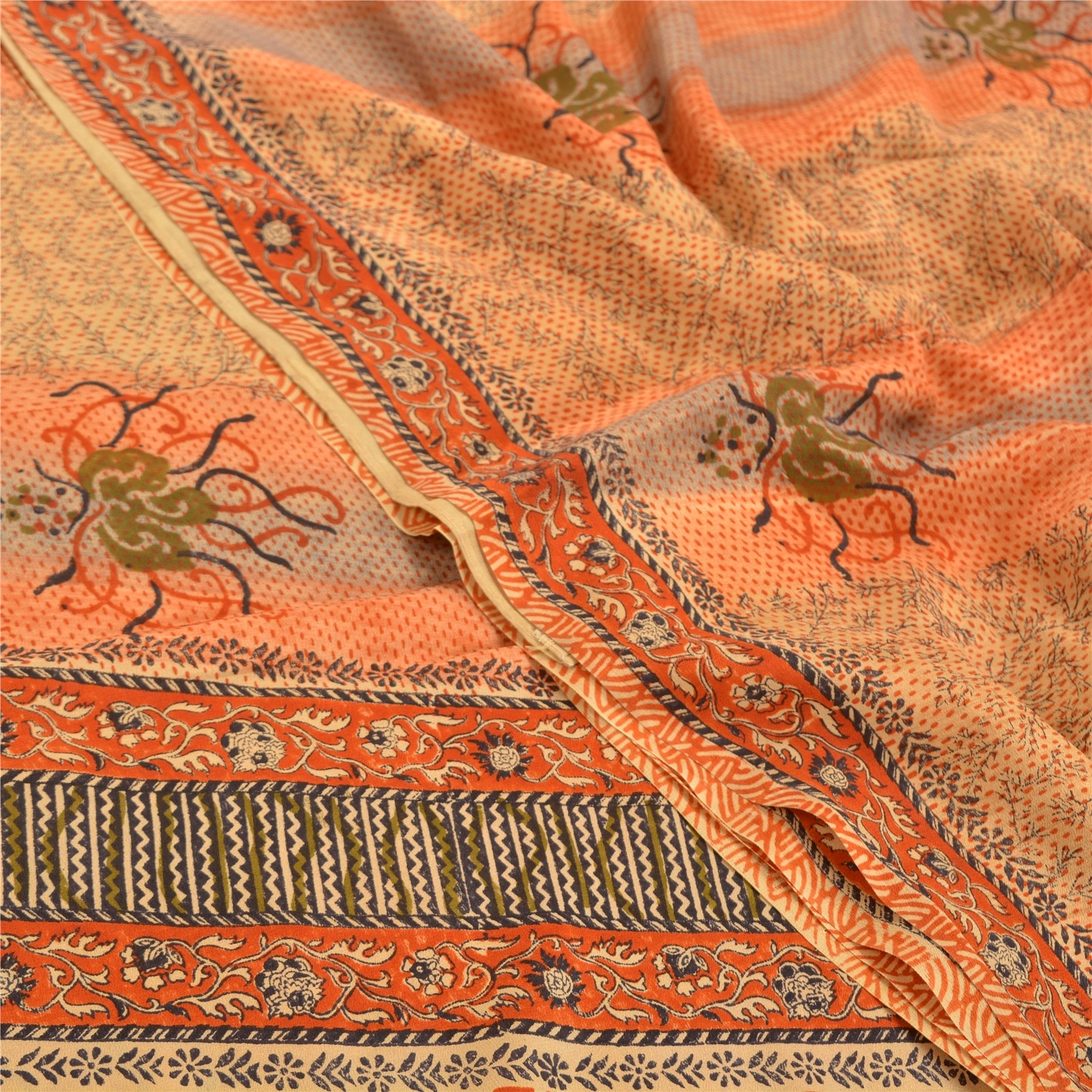 Sanskriti Vintage Brown Indian Sarees Pure Crepe Silk Printed Sari Craft Fabric, PRC-14882 image 5