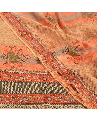 Sanskriti Vintage Brown Indian Sarees Pure Crepe Silk Printed Sari Craft Fabric, PRC-14882-Brown-Printed Floral-Pure Crepe Silk-5