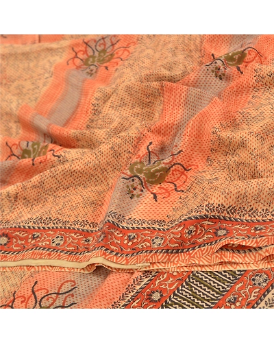 Sanskriti Vintage Brown Indian Sarees Pure Crepe Silk Printed Sari Craft Fabric, PRC-14882-Brown-Printed Floral-Pure Crepe Silk-6