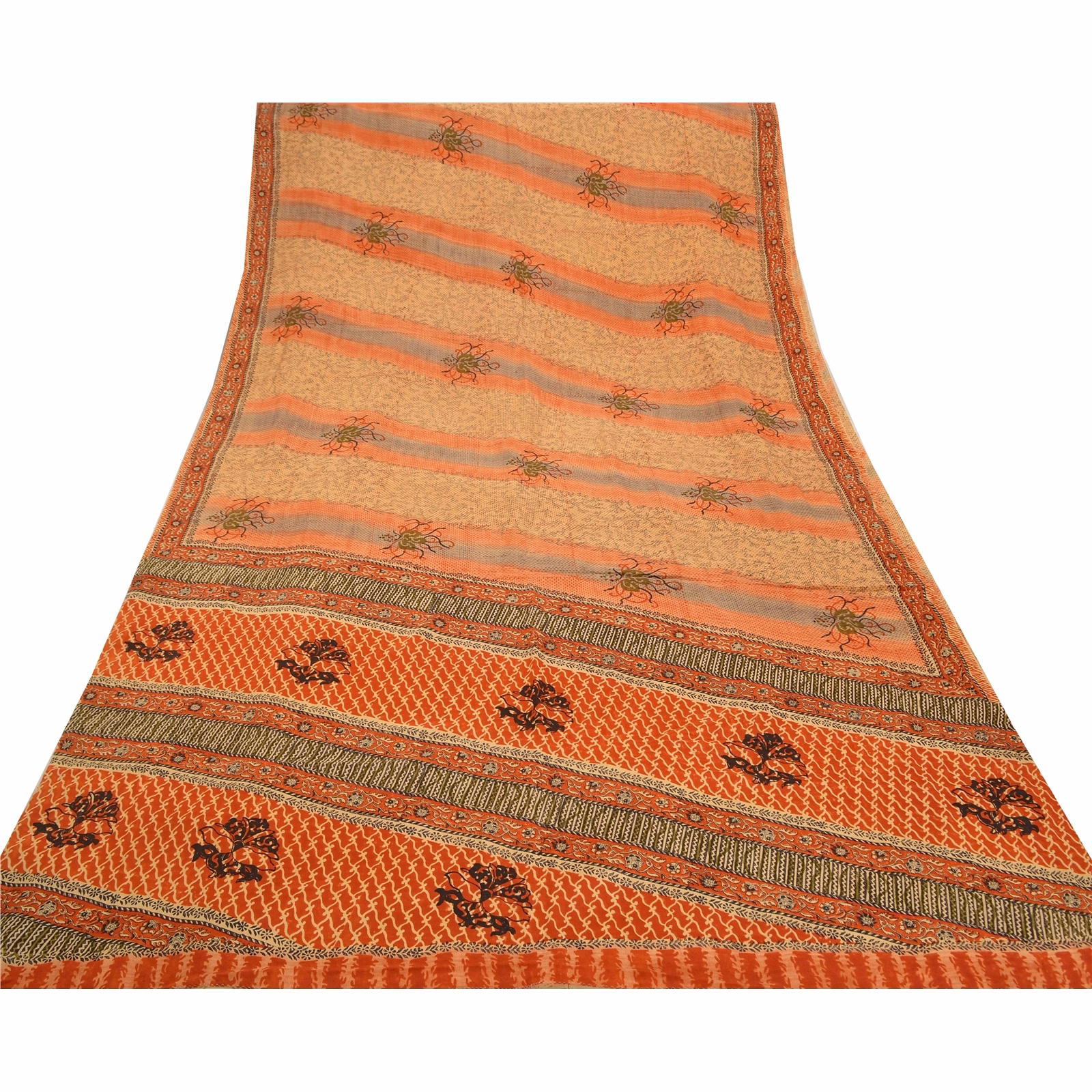 Sanskriti Vintage Brown Indian Sarees Pure Crepe Silk Printed Sari Craft Fabric, PRC-14882 image 8