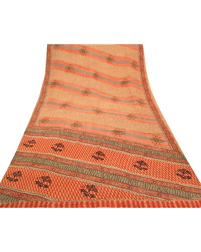 Sanskriti Vintage Brown Indian Sarees Pure Crepe Silk Printed Sari Craft Fabric, PRC-14882-Brown-Printed Floral-Pure Crepe Silk-8