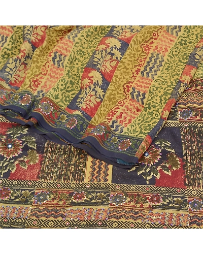 Sanskriti Vintage Sarees Pure Crepe Silk Printed Hand Beaded Sari Craft Fabric, PRC-15088-Multicolor-Printed Floral Design-Pure Crepe Silk-1