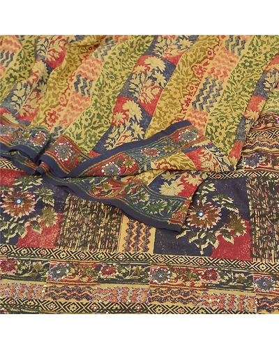 Sanskriti Vintage Sarees Pure Crepe Silk Printed Hand Beaded Sari Craft Fabric, PRC-15088-Multicolor-Printed Floral Design-Pure Crepe Silk-2