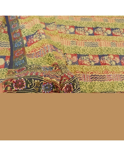 Sanskriti Vintage Sarees Pure Crepe Silk Printed Hand Beaded Sari Craft Fabric, PRC-15088-Multicolor-Printed Floral Design-Pure Crepe Silk-3