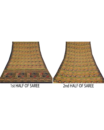 Sanskriti Vintage Sarees Pure Crepe Silk Printed Hand Beaded Sari Craft Fabric, PRC-15088-Multicolor-Printed Floral Design-Pure Crepe Silk-4