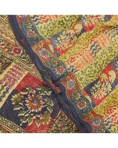 Sanskriti Vintage Sarees Pure Crepe Silk Printed Hand Beaded Sari Craft Fabric, PRC-15088-Multicolor-Printed Floral Design-Pure Crepe Silk-5