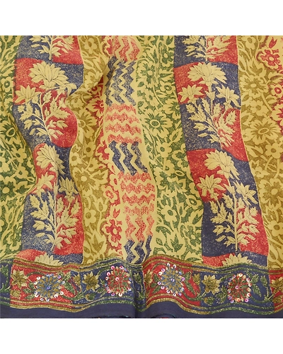 Sanskriti Vintage Sarees Pure Crepe Silk Printed Hand Beaded Sari Craft Fabric, PRC-15088-Multicolor-Printed Floral Design-Pure Crepe Silk-6