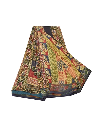 Sanskriti Vintage Sarees Pure Crepe Silk Printed Hand Beaded Sari Craft Fabric, PRC-15088-Multicolor-Printed Floral Design-Pure Crepe Silk-7