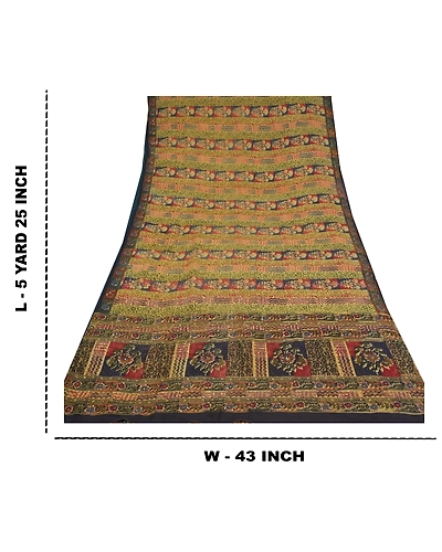 Sanskriti Vintage Sarees Pure Crepe Silk Printed Hand Beaded Sari Craft Fabric, PRC-15088-Multicolor-Printed Floral Design-Pure Crepe Silk-9