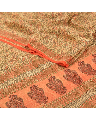 Sanskriti Vintage Green Indian Sarees Pure Crepe Silk Printed Sari Craft Fabric, PRC-15179-Green-Printed Floral Design-Pure Crepe Silk-1
