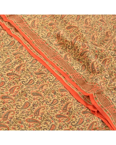 Sanskriti Vintage Green Indian Sarees Pure Crepe Silk Printed Sari Craft Fabric, PRC-15179-Green-Printed Floral Design-Pure Crepe Silk-5