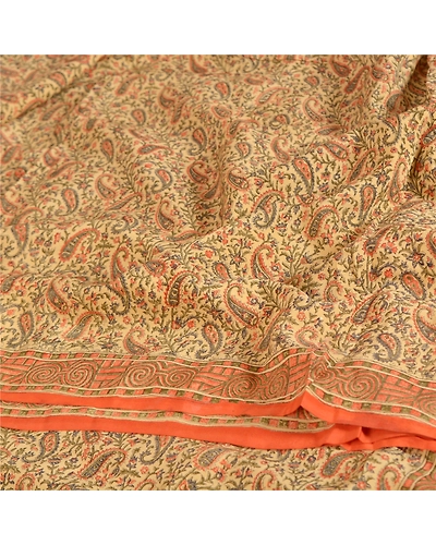 Sanskriti Vintage Green Indian Sarees Pure Crepe Silk Printed Sari Craft Fabric, PRC-15179-Green-Printed Floral Design-Pure Crepe Silk-6
