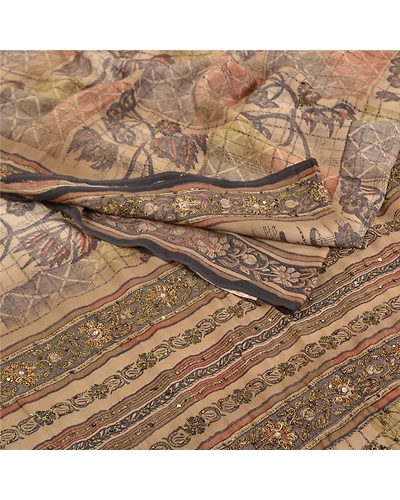 Sanskriti Vintage Cream Sarees Pure Crepe Silk Printed Sari Craft Fabric, PRC-15300-Shades Of Cream-Printed Floral-Pure Crepe Silk-1