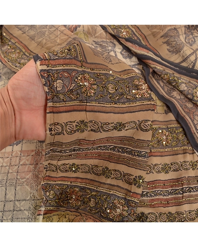 Sanskriti Vintage Cream Sarees Pure Crepe Silk Printed Sari Craft Fabric, PRC-15300-Shades Of Cream-Printed Floral-Pure Crepe Silk-3