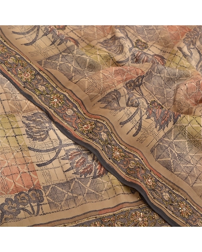 Sanskriti Vintage Cream Sarees Pure Crepe Silk Printed Sari Craft Fabric, PRC-15300-Shades Of Cream-Printed Floral-Pure Crepe Silk-4
