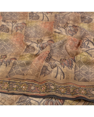 Sanskriti Vintage Cream Sarees Pure Crepe Silk Printed Sari Craft Fabric, PRC-15300-Shades Of Cream-Printed Floral-Pure Crepe Silk-5