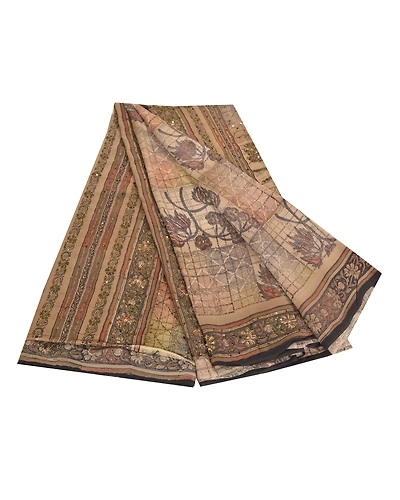 Sanskriti Vintage Cream Sarees Pure Crepe Silk Printed Sari Craft Fabric, PRC-15300-Shades Of Cream-Printed Floral-Pure Crepe Silk-6