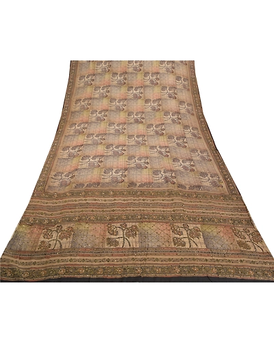 Sanskriti Vintage Cream Sarees Pure Crepe Silk Printed Sari Craft Fabric, PRC-15300-Shades Of Cream-Printed Floral-Pure Crepe Silk-7