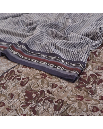 Sanskriti Vintage Grey Sarees Pure Crepe Silk Printed Sari Craft Fabric, PRC-15352-Grey-Printed Floral-Pure Crepe Silk-2