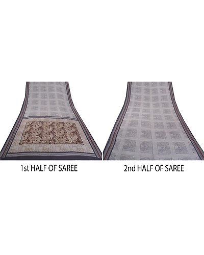 Sanskriti Vintage Grey Sarees Pure Crepe Silk Printed Sari Craft Fabric, PRC-15352-Grey-Printed Floral-Pure Crepe Silk-4