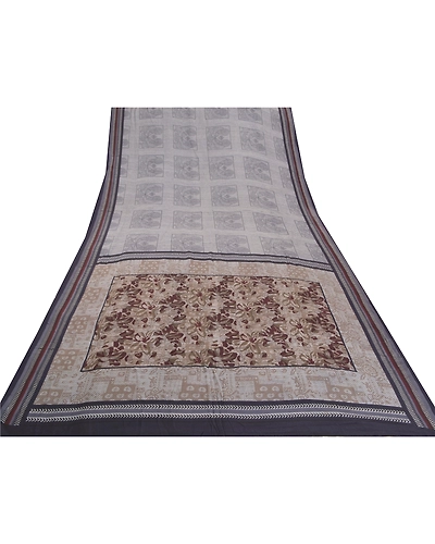 Sanskriti Vintage Grey Sarees Pure Crepe Silk Printed Sari Craft Fabric, PRC-15352-Grey-Printed Floral-Pure Crepe Silk-8