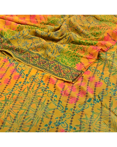 Sanskriti Vintage Mustard Sarees Pure Crepe Silk Printed Sari Craft Fabric, PRC-15427-Mustard-Printed Floral-Pure Crepe Silk-2
