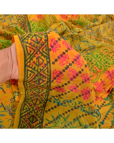 Sanskriti Vintage Mustard Sarees Pure Crepe Silk Printed Sari Craft Fabric, PRC-15427-Mustard-Printed Floral-Pure Crepe Silk-3