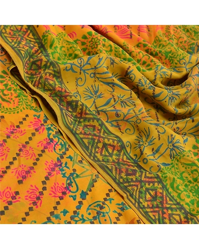Sanskriti Vintage Mustard Sarees Pure Crepe Silk Printed Sari Craft Fabric, PRC-15427-Mustard-Printed Floral-Pure Crepe Silk-5