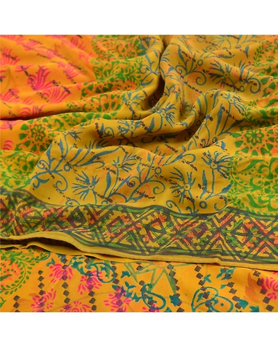 Sanskriti Vintage Mustard Sarees Pure Crepe Silk Printed Sari Craft Fabric, PRC-15427-Mustard-Printed Floral-Pure Crepe Silk-6