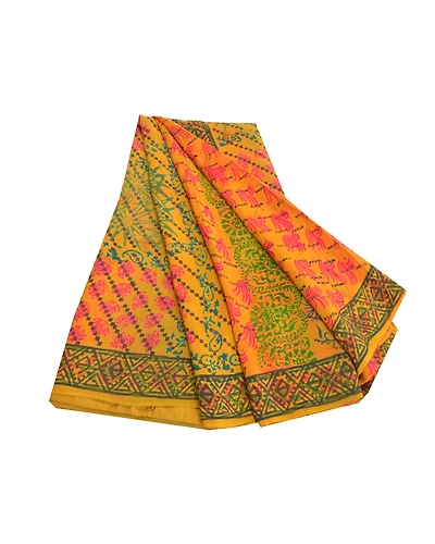 Sanskriti Vintage Mustard Sarees Pure Crepe Silk Printed Sari Craft Fabric, PRC-15427-Mustard-Printed Floral-Pure Crepe Silk-7
