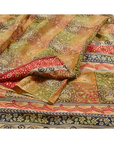 Sanskriti Vintage Sarees 100% Pure Crepe Silk Printed Sari Sequins Craft Fabric, PRC-15566-Multi-Printed Floral Design-Pure Crepe Silk-1