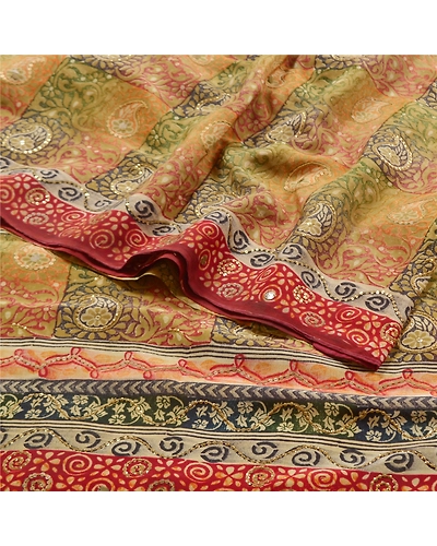 Sanskriti Vintage Sarees 100% Pure Crepe Silk Printed Sari Sequins Craft Fabric, PRC-15566-Multi-Printed Floral Design-Pure Crepe Silk-2