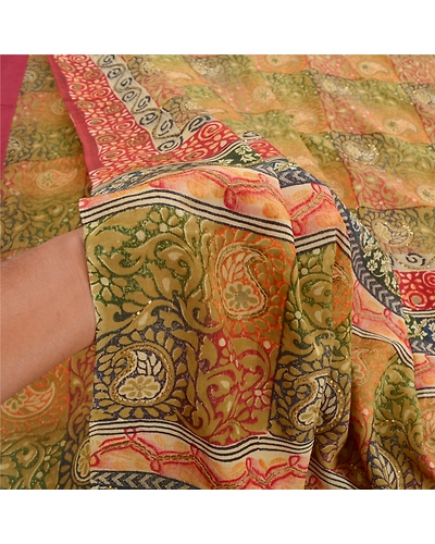 Sanskriti Vintage Sarees 100% Pure Crepe Silk Printed Sari Sequins Craft Fabric, PRC-15566-Multi-Printed Floral Design-Pure Crepe Silk-4