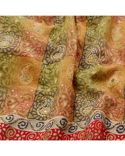 Sanskriti Vintage Sarees 100% Pure Crepe Silk Printed Sari Sequins Craft Fabric, PRC-15566-Multi-Printed Floral Design-Pure Crepe Silk-7