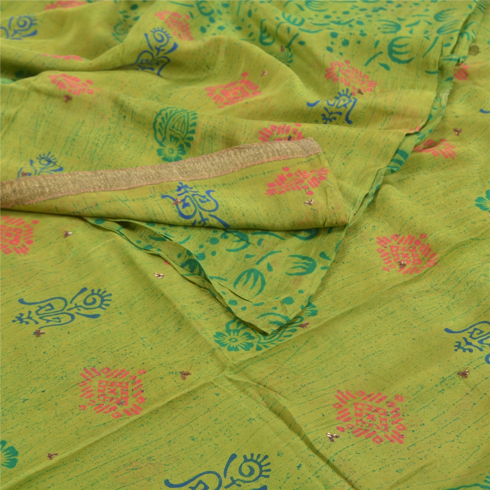 Sanskriti Vintage Green Sarees Pure Crepe Silk Printed Sari Sequins Craft Fabric, PRC-15633-Green-Printed Floral Design-Pure Crepe Silk-1