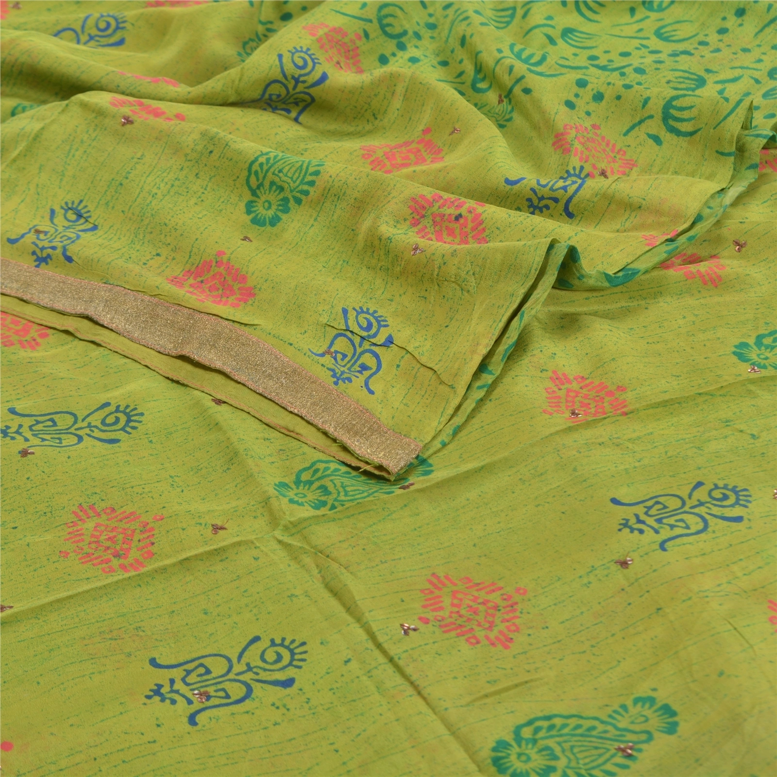 Sanskriti Vintage Green Sarees Pure Crepe Silk Printed Sari Sequins Craft Fabric, PRC-15633-Green-Printed Floral Design-Pure Crepe Silk-2