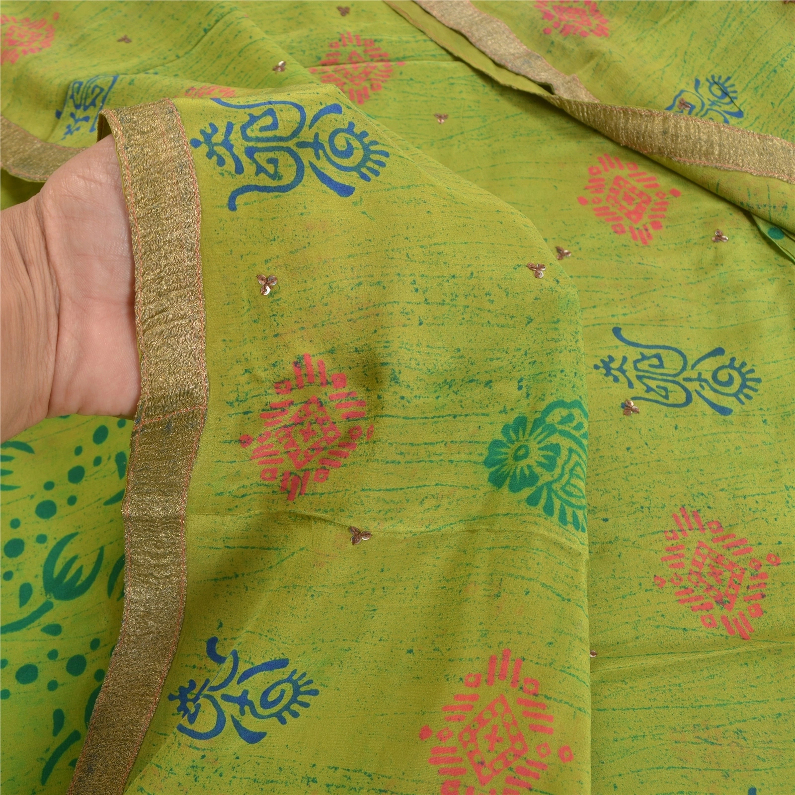 Sanskriti Vintage Green Sarees Pure Crepe Silk Printed Sari Sequins Craft Fabric, PRC-15633-Green-Printed Floral Design-Pure Crepe Silk-3