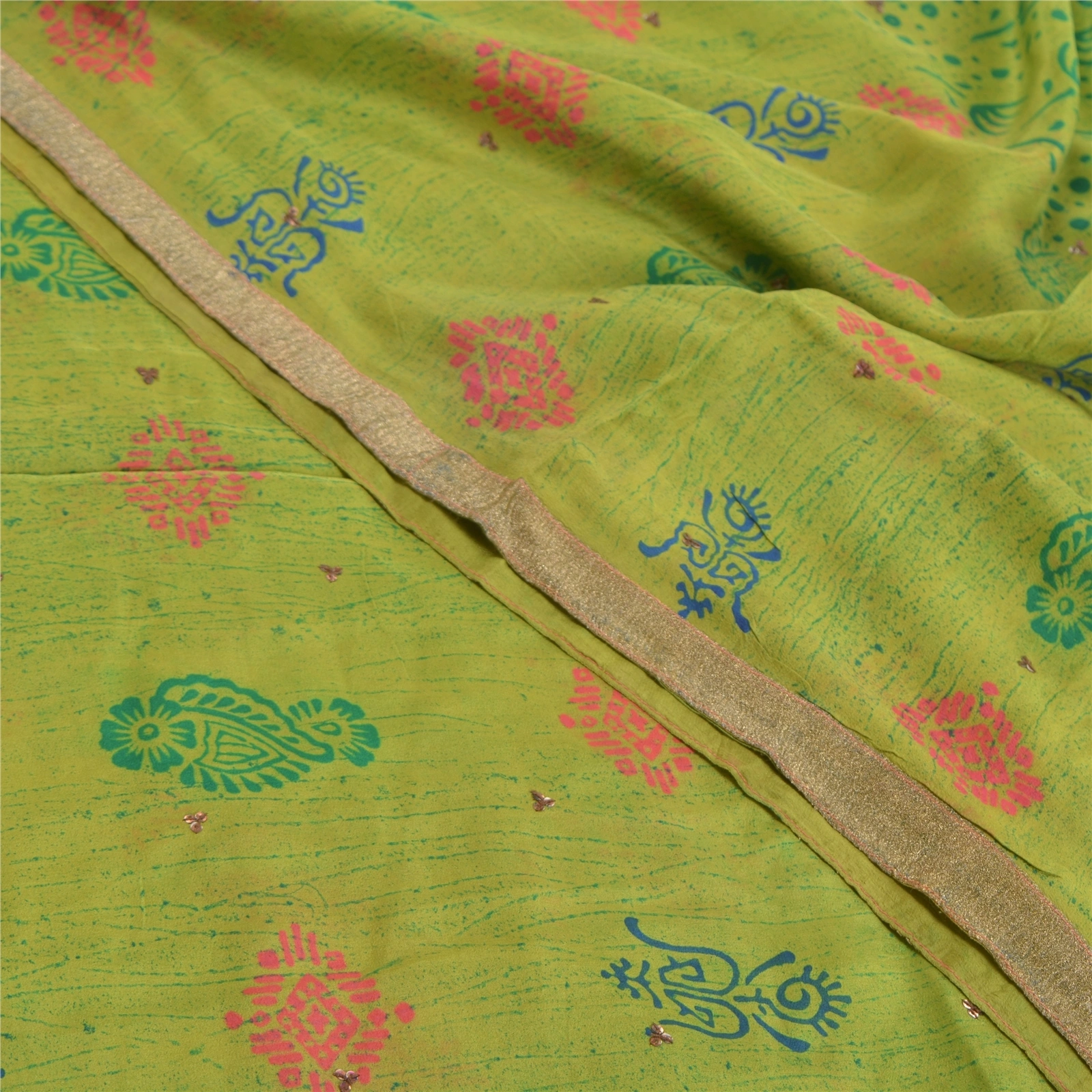 Sanskriti Vintage Green Sarees Pure Crepe Silk Printed Sari Sequins Craft Fabric, PRC-15633-Green-Printed Floral Design-Pure Crepe Silk-5