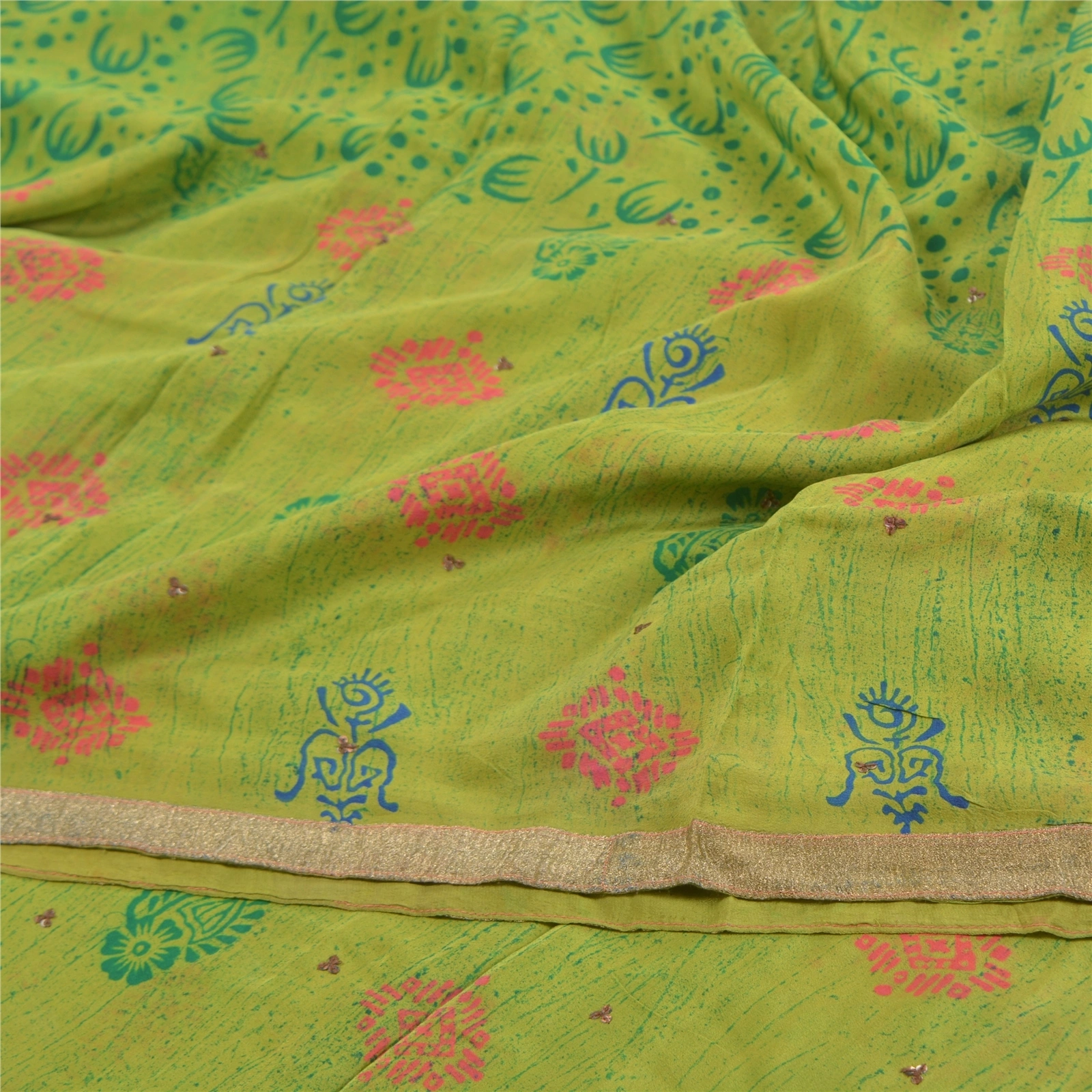 Sanskriti Vintage Green Sarees Pure Crepe Silk Printed Sari Sequins Craft Fabric, PRC-15633-Green-Printed Floral Design-Pure Crepe Silk-6