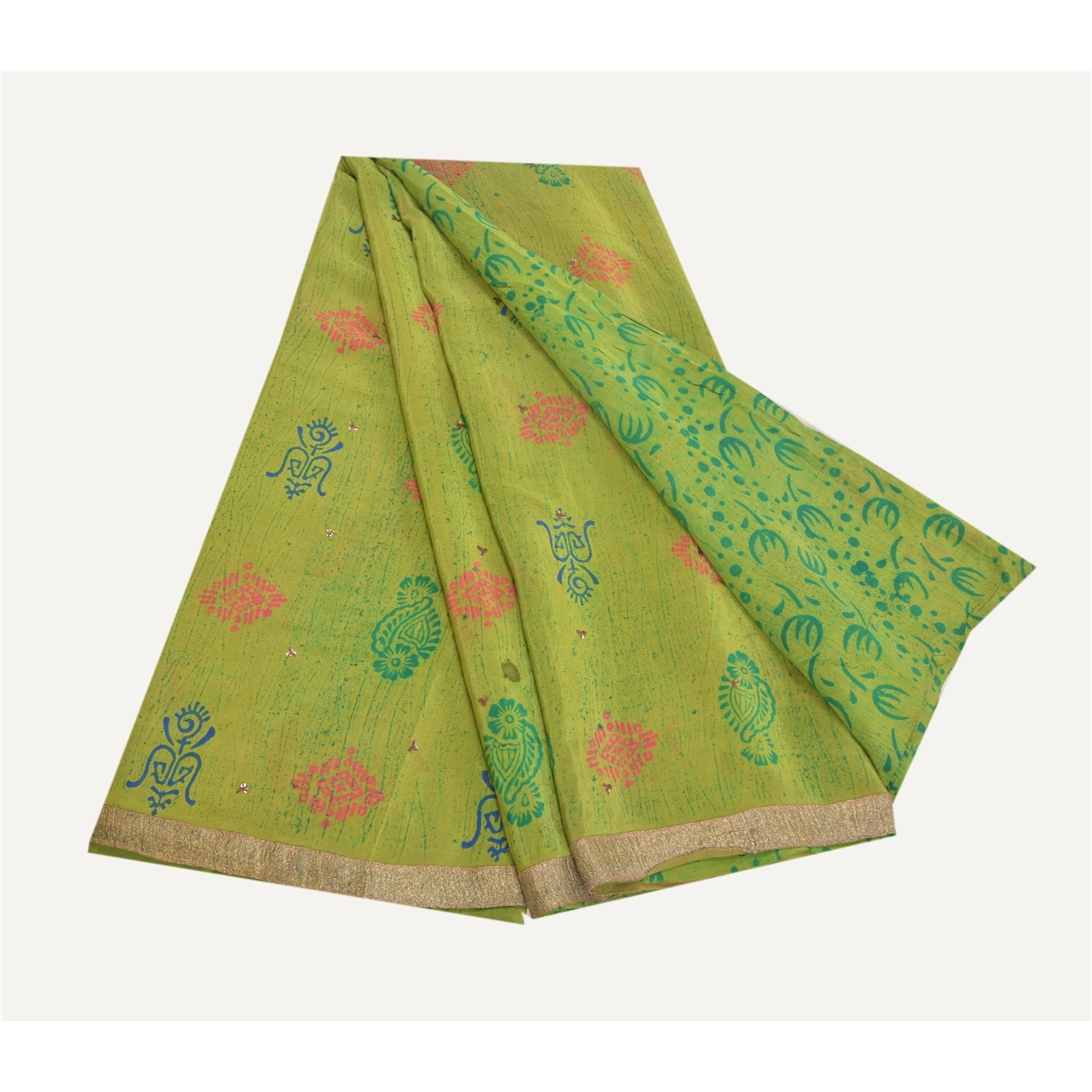 Sanskriti Vintage Green Sarees Pure Crepe Silk Printed Sari Sequins Craft Fabric, PRC-15633-Green-Printed Floral Design-Pure Crepe Silk-7