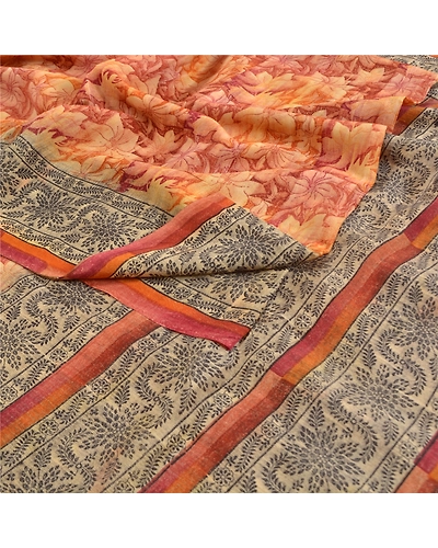 Sanskriti Vintage Brown Sarees Pure Crepe Silk Printed Sari Soft Craft Fabric, PRC-15662-Brown-Printed Floral Design-Pure Crepe Silk-1